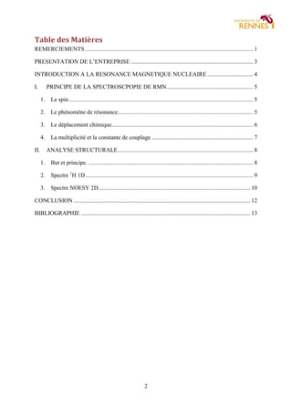 2
Table des Matières
REMERCIEMENTS .................................................................................................................. 1
PRESENTATION DE L’ENTREPRISE ................................................................................... 3
INTRODUCTION A LA RESONANCE MAGNETIQUE NUCLEAIRE ............................... 4
I. PRINCIPE DE LA SPECTROSCPOPIE DE RMN........................................................... 5
1. Le spin ............................................................................................................................. 5
2. Le phénomène de résonance............................................................................................ 5
3. Le déplacement chimique................................................................................................ 6
4. La multiplicité et la constante de couplage ..................................................................... 7
II. ANALYSE STRUCTURALE............................................................................................ 8
1. But et principe. ................................................................................................................ 8
2. Spectre 1
H 1D.................................................................................................................. 9
3. Spectre NOESY 2D....................................................................................................... 10
CONCLUSION ........................................................................................................................ 12
BIBLIOGRAPHIE ................................................................................................................... 13
 