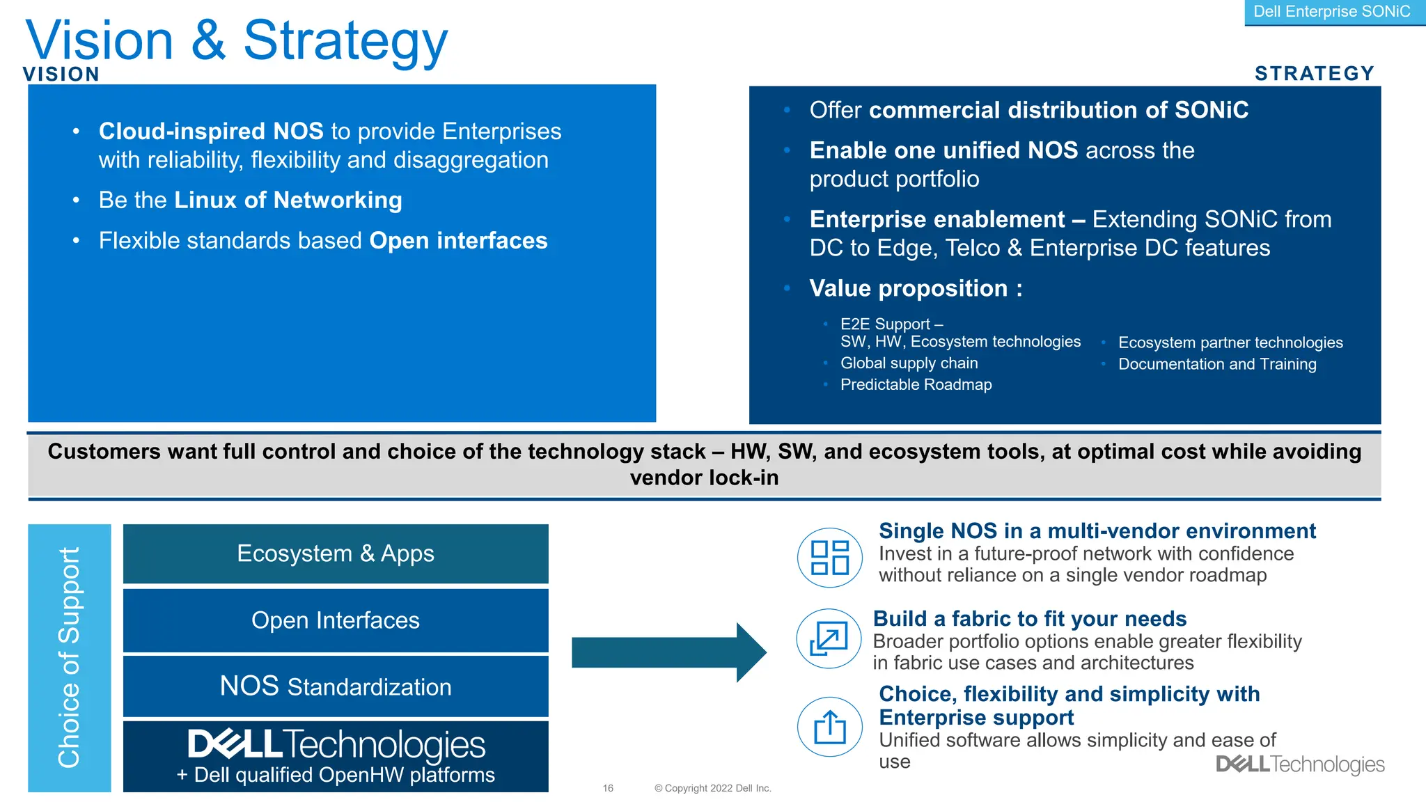 © Copyright 2022 Dell Inc.
16
Vision & Strategy
VISION STRATEGY
• Cloud-inspired NOS to provide Enterprises
with reliability, flexibility and disaggregation
• Be the Linux of Networking
• Flexible standards based Open interfaces
• Offer commercial distribution of SONiC
• Enable one unified NOS across the
product portfolio
• Enterprise enablement – Extending SONiC from
DC to Edge, Telco & Enterprise DC features
• Value proposition :
• E2E Support –
SW, HW, Ecosystem technologies
• Global supply chain
• Predictable Roadmap
• Ecosystem partner technologies
• Documentation and Training
Dell Enterprise SONiC
Customers want full control and choice of the technology stack – HW, SW, and ecosystem tools, at optimal cost while avoiding
vendor lock-in
+ Dell qualified OpenHW platforms
NOS Standardization
Open Interfaces
Choice
of
Support
Ecosystem & Apps
Build a fabric to fit your needs
Broader portfolio options enable greater flexibility
in fabric use cases and architectures
Single NOS in a multi-vendor environment
Invest in a future-proof network with confidence
without reliance on a single vendor roadmap
Choice, flexibility and simplicity with
Enterprise support
Unified software allows simplicity and ease of
use
 