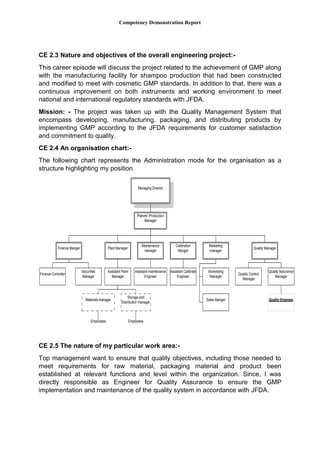 Competency Demonstration Report
CE 2.3 Nature and objectives of the overall engineering project:-
This career episode will discuss the project related to the achievement of GMP along
with the manufacturing facility for shampoo production that had been constructed
and modified to meet with cosmetic GMP standards. In addition to that, there was a
continuous improvement on both instruments and working environment to meet
national and international regulatory standards with JFDA.
Mission: - The project was taken up with the Quality Management System that
encompass developing, manufacturing, packaging, and distributing products by
implementing GMP according to the JFDA requirements for customer satisfaction
and commitment to quality.
CE 2.4 An organisation chart:-
The following chart represents the Administration mode for the organisation as a
structure highlighting my position.
Managing Director
Quality Manager
Planner /Production
Manager
Quality Control
Manager
Maintenance
manager
Calibration
Manger
Plant Manager
Assistant Plant
Manager
Storage and
Distribution manager
Materials manager
Employees Employees
Assistant maintenance
Engineer
Assistant Calibrate
Engineer
Finance Manger
Securities
Manager
Finance Controller
Marketing
manager
Advertising
Manager
Sales Manger
Quality Assurance
Manager
Quality Engineer
CE 2.5 The nature of my particular work area:-
Top management want to ensure that quality objectives, including those needed to
meet requirements for raw material, packaging material and product been
established at relevant functions and level within the organization. Since, I was
directly responsible as Engineer for Quality Assurance to ensure the GMP
implementation and maintenance of the quality system in accordance with JFDA.
 