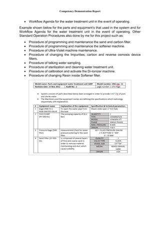 Competency Demonstration Report
 Workflow Agenda for the water treatment unit in the event of operating.
Example shown below for the parts and equipment’s that used in the system and for
Workflow Agenda for the water treatment unit in the event of operating. Other
Standard Operation Procedures also done by me for this project such as:
 Procedure of programming and maintenance the sand and carbon filter.
 Procedure of programming and maintenance the softener machine.
 Procedure of Ultra-Violet machine maintenance.
 Procedure of changing the Impurities, carbon and reverse osmosis device
filters.
 Procedure of talking water sampling.
 Procedure of sterilization and cleaning water treatment unit.
 Procedure of calibration and activate the Di-Ionizer machine.
 Procedure of changing Resin inside Softener filter.
 