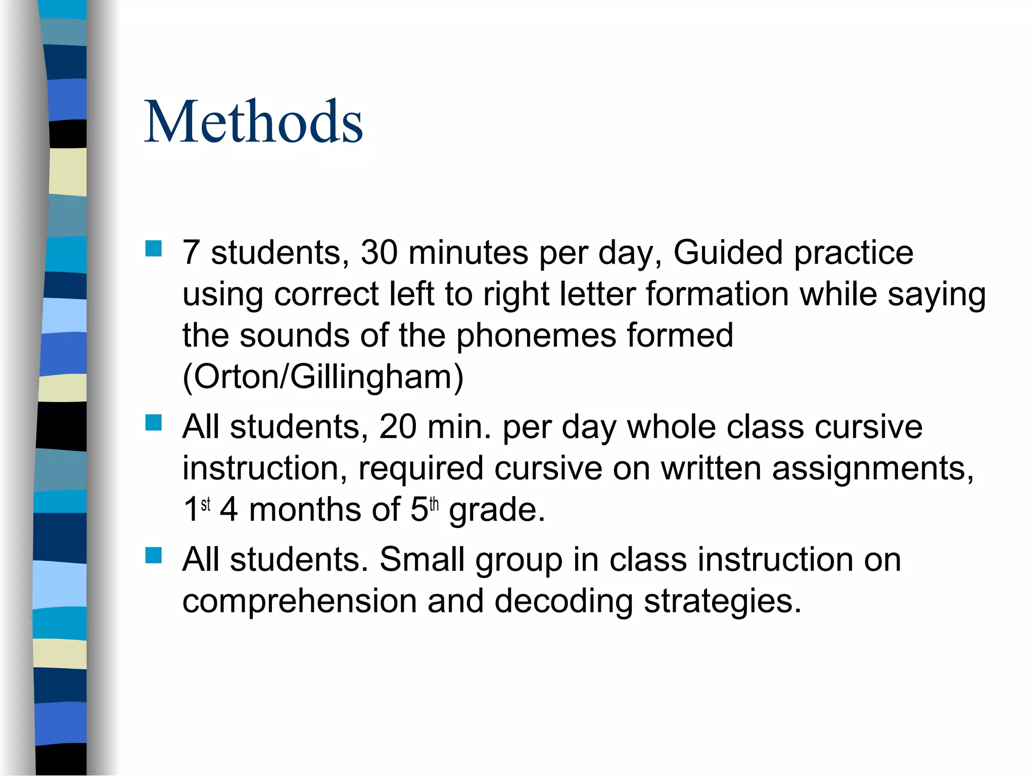Methods
 7 students, 30 minutes per day, Guided practice
using correct left to right letter formation while saying
the sounds of the phonemes formed
(Orton/Gillingham)
 All students, 20 min. per day whole class cursive
instruction, required cursive on written assignments,
1st
4 months of 5th
grade.
 All students. Small group in class instruction on
comprehension and decoding strategies.
 