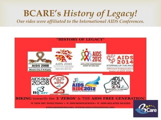 
BCARE’s History of Legacy!
Our rides were affiliated to the International AIDS Conferences.
 