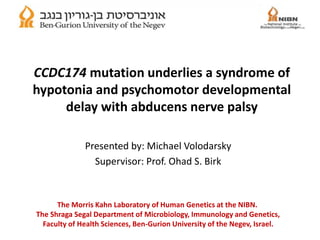 CCDC174 mutation underlies a syndrome of
hypotonia and psychomotor developmental
delay with abducens nerve palsy
Presented by: Michael Volodarsky
Supervisor: Prof. Ohad S. Birk
The Morris Kahn Laboratory of Human Genetics at the NIBN.
The Shraga Segal Department of Microbiology, Immunology and Genetics,
Faculty of Health Sciences, Ben-Gurion University of the Negev, Israel.
 