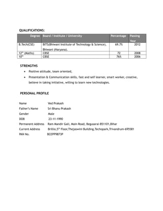 QUALIFICATIONS:
Degree Board / Institute / University Percentage Passing
Year
B.Tech(CSE) BITS(Bhiwani Institute of Technology & Science),
Bhiwani (Haryana).
69.7% 2012
12th
(Maths) CBSE 72 2008
10th
CBSE 76% 2006
STRENGTHS
• Positive attitude, team oriented,
• Presentation & Communication skills, fast and self learner, smart worker, creative,
believe in taking initiative, willing to learn new technologies.
PERSONAL PROFILE
Name Ved Prakash
Father’s Name Sri Bhanu Prakash
Gender Male
DOB 23-11-1990
Permanent Address Ram Mandir Gali, Main Road, Begusarai-851101,Bihar
Current Address Brillio,5th
Floor,Thejaswini Building,Techopark,Trivandrum-695581
PAN No. BCEPP9873P
 