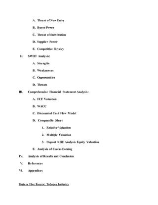 A. Threat of New Entry
B. Buyer Power
C. Threat of Substitution
D. Supplier Power
E. Competitive Rivalry
II. SWOT Analysis:
A. Strengths
B. Weaknesses
C. Opportunities
D. Threats
III. Comprehensive Financial Statement Analysis:
A. FCF Valuation
B. WACC
C. Discounted Cash Flow Model
D. Comparable Sheet
1. Relative Valuation
2. Multiple Valuation
3. Dupont ROE Analysis Equity Valuation
E. Analysis of Excess Earning
IV. Analysis of Results and Conclusion
V. References
VI. Appendices
Porters Five Forces: Tobacco Industry
 