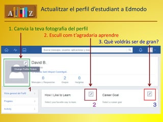 Actualitzar el perfil d’estudiant a Edmodo 
1. Canvia la teva fotografia del perfil 
2. Escull com t’agradaria aprendre 
3. Què voldràs ser de gran? 
 