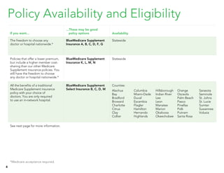 Policy Availability and Eligibility
*Medicare acceptance required.
The freedom to choose any
doctor or hospital nationwide.*
Policies that offer a lower premium,
but include a higher member cost-
sharing than our other Medicare
Supplement insurance policies. You
still have the freedom to choose
any doctor or hospital nationwide.*
All the benefits of a traditional
Medicare Supplement insurance
policy with your choice of
doctors. You are only required
to use an in-network hospital.
If you want...
See next page for more information.
BlueMedicare Supplement
Insurance A, B, C, D, F, G
BlueMedicare Supplement
Insurance K, L, M, N
BlueMedicare Supplement
Select Insurance B, C, D, M
Statewide
Statewide
Alachua
Bay
Bradford
Broward
Charlotte
Citrus
Clay
Collier
Columbia
Miami-Dade
Duval
Escambia
Flagler
Hamilton
Hernando
Highlands
Hillsborough
Indian River
Lee
Leon
Manatee
Marion
Okaloosa
Okeechobee
Orange
Osceola
Palm Beach
Pasco
Pinellas
Polk
Putnam
Santa Rosa
Sarasota
Seminole
St. Johns
St. Lucie
Sumter
Suwannee
Volusia
Counties:
...These may be good
policy options Availability
4
 