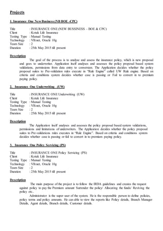 Projects
1. Insurance One New Business (NB BOE -CPC)
Title : INSURANCE ONE (NEW BUSSINESS – BOE & CPC)
Client : Kotak Life Insurance
Testing Type : Manual Testing
Technology : VB.net, Oracle 10g
Team Size : 2
Duration : 25th May 2015 till present
Description
The goal of the process is to analyse and assess the insurance policy, which is new proposal
and goes to underwriter. Application itself analyses and assesses the policy proposal based system
validations, permissions from data entry to conversion. The Application decides whether the policy
proposal suites to Pre-validation rules execute in “Rule Engine” called UW Rule engine. Based on
criteria and conditions system decides whether case is passing or Fail to convert in to premium
paying policy.
2. Insurance One Underwriting (UW)
Title : INSURANCE ONE Underwriting (UW)
Client : Kotak Life Insurance
Testing Type : Manual Testing
Technology : VB.net, Oracle 10g
Team Size : 2
Duration : 25th May 2015 till present
Description
The Application itself analyses and assesses the policy proposal based system validations,
permissions and limitations of underwriters. The Application decides whether the policy proposal
suites to Pre-validations rules executes in “Rule Engine”. Based on criteria and conditions system
decides whether case is passing or fail to convert in to premium paying policy.
3. Insurance One Policy Servicing (PS)
Title : INSURANCE ONE Policy Servicing (PS)
Client : Kotak Life Insurance
Testing Type : Manual Testing
Technology : VB.net, Oracle 10g
Team Size : 2
Duration : 25th May 2015 till present
Description
The main purpose of the project is to follow the IRDA guidelines and creates the request
against policy to pay the Premium amount Surrender the policy/ Allocating the funds/ Reviving the
policy etc..
Administrator is the super user of the system. He is the responsible person to define policies,
policy terms and policy amounts. He can able to view the reports like Policy details, Branch Manager
Details, Agent details, Branch details, Customer details.
 