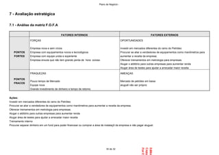 7 - Avaliação estratégica
7.1 - Análise da matriz F.O.F.A
Ações:
Investir em mercados diferentes do ramo do Petróleo
Procurar se aliar a vendedores de equipamentos como manômetros para aumentar a receita da empresa.
Oferecer treinamentos em metrologia para empresas.
Alugar o alditório para outras empresas para aumentar renda
Alugar área de testes para ajudar a arrecadar maior receita
Treinamento interno
Procurar separar dinheiro em um fund para poder financear ou comprar a área de instalaçõ da empresa e não pagar aluguel.
FATORES INTERNOS FATORES EXTERNOS
PONTOS
FORTES
FORÇAS
Empresa nova e sem vícios
Empresa com equipamentos novos e tecnológicos
Empresa com equipe unida e experiente
Empresa enxuta que não tem grande perda de hora ociosa.
OPORTUNIDADES
Investir em mercados diferentes do ramo do Petróleo
Procurar se aliar a vendedores de equipamentos como manômetros para
aumentar a receita da empresa.
Oferecer treinamentos em metrologia para empresas.
Alugar o alditório para outras empresas para aumentar renda
Alugar área de testes para ajudar a arrecadar maior receita
PONTOS
FRACOS
FRAQUEZAS
Pouco tempo de Mercado
Equipe nova
Grande investimento de dinheiro e tempo de retorno.
AMEAÇAS
Mercado de petróleo em baixa
aluguél não ser próprio
30 de 32
Plano de Negócio -
 