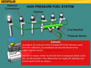 Technologie ACERT
WARNING
La pression de carburant entre la pompe HP et les injecteurs peut
atteindre 1600 bars, les procédures de sécurité doitvent être
soigneusement suivies.
Une fois le moteur arrété, la pression dans la rampe est réduit à zéro
dans les 60 secondes. Pour débrancher les tuyaux HP, attendez une
minute après l’arrêt du moteur.
 