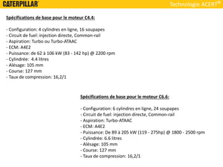 Spécifications de base pour le moteur C4.4:
- Configuration: 4 cylindres en ligne, 16 soupapes
- Circuit de fuel: injection directe, Common-rail
- Aspiration: Turbo ou Turbo-ATAAC
- ECM: A4E2
- Puissance: de 62 à 106 kW (83 - 142 hp) @ 2200 rpm
- Cylindrée: 4.4 litres
- Alésage: 105 mm
- Course: 127 mm
- Taux de compression: 16,2/1
Technologie ACERT
Spécifications de base pour le moteur C6.6:
- Configuration: 6 cylindres en ligne, 24 soupapes
- Circuit de fuel: injection directe, Common-rail
- Aspiration: Turbo-ATAAC
- ECM: A4E2
- Puissance: De 89 à 205 kW (119 - 275hp) @ 1800 - 2500 rpm
- Cylindrée: 6.6 litres
- Alésage: 105 mm
- Course: 127 mm
- Taux de compression: 16,2/1
 
