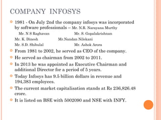 COMPANY INFOSYS
 1981 - On July 2nd the company infosys was incorporated
by software professionals – Mr. N.R. Narayana Murthy
Mr. N S Raghavan Mr. S. Gopalakrishnan
Mr. K. Dinesh Mr.Nandan Nilekani
Mr. S.D. Shibulal Mr. Ashok Arora
 From 1981 to 2002, he served as CEO of the company.
 He served as chairman from 2002 to 2011.
 In 2013 he was appointed as Executive Chairman and
additional Director for a period of 5 years.
 Today Infosys has 9.5 billion dollars in revenue and
194,383 employees.
 The current market capitalisation stands at Rs 236,826.48
crore.
 It is listed on BSE with 5002090 and NSE with INFY.
 