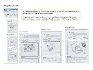 Rough Story board


                    For the rough storyboard, as I was the best at drawing on my team I volunteered to sketch
                    out the rough idea of what was going to happen.

                    The pages below show the number of frames, what happens during those frames and
                    how it all plays out and how it is linked to the e6 radio station with the logo at the end.
 