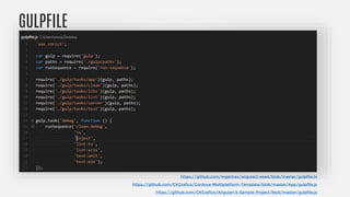 GULPFILE
https://github.com/mgechev/angular2-seed/blob/master/gulpfile.ts
https://github.com/CKGrafico/Cordova-Multiplatform-Template/blob/master/App/gulpfile.js
https://github.com/CKGrafico/Angular1.5-Sample-Project/blob/master/gulpfile.js
 