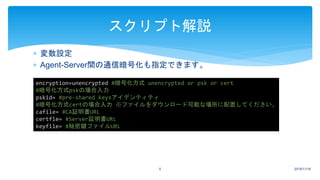  変数設定
 Agent-Server間の通信暗号化も指定できます。
2018/11/165
スクリプト解説
encryption=unencrypted #暗号化方式 unencrypted or psk or cert
#暗号化方式pskの場合入力
pskid= #pre-shared keysアイデンティティ
#暗号化方式certの場合入力 ※ファイルをダウンロード可能な場所に配置してください。
cafile= #CA証明書URL
certfle= #Server証明書URL
keyfile= #秘密鍵ファイルURL
 