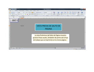 VISTA PREVIA DE SALTO DE
              PÁGINA

  La vista Preliminar del Salto de Página muestra
gruesas líneas azules, alrededor de partes de la hoja
de trabajo que se imprimirán en la misma página.
 