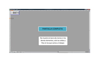 PANTALLA COMPLETA



No muestra la barra de menús ni los
demás elementos, solo las celdas y
 filas en las que vamos a trabajar.
 