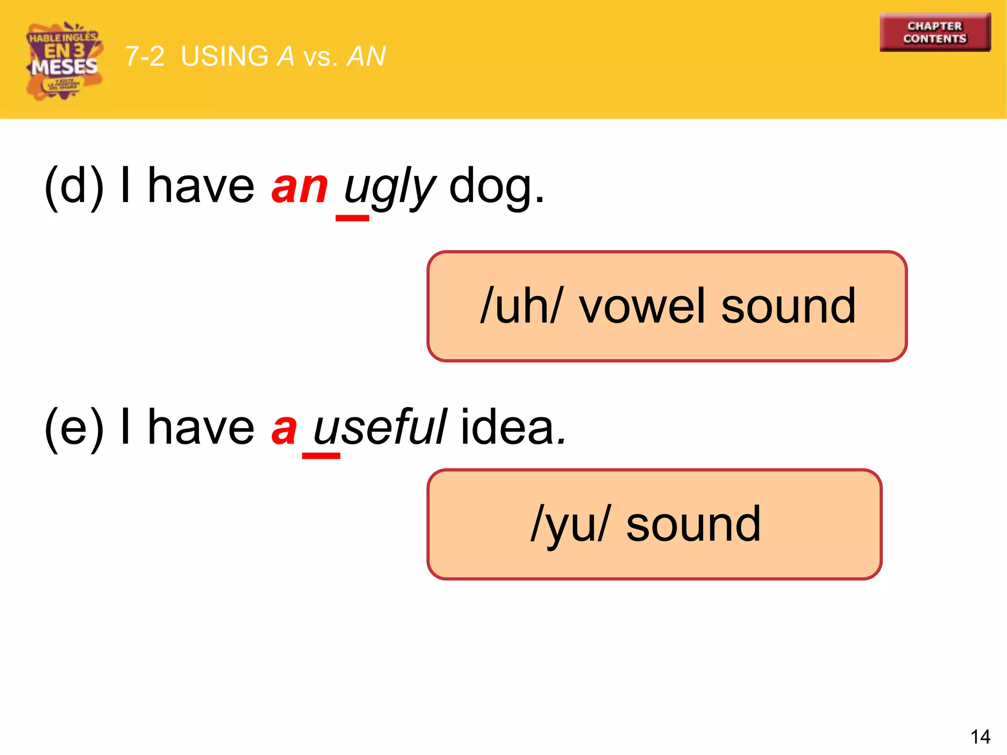 14
(d) I have an ugly dog.
(e) I have a useful idea.
7-2 USING A vs. AN
/uh/ vowel sound
/yu/ sound
 
