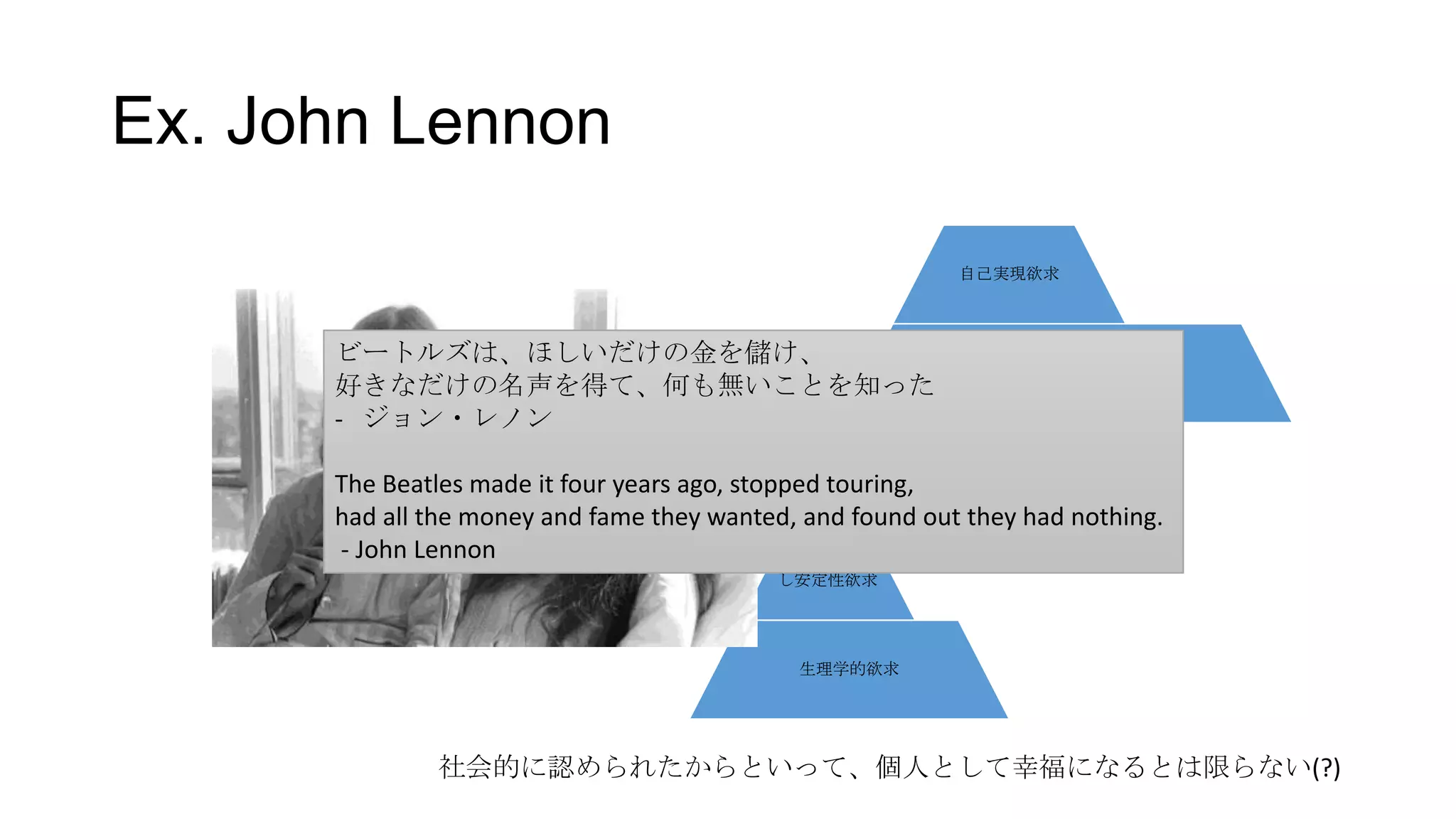 Ex. John Lennon
自己実現欲求
尊厳欲求
所属
及び
愛の
欲求
安全欲求ない
し安定性欲求
生理学的欲求
社会的に認められたからといって、個人として幸福になるとは限らない(?)
ビートルズは、ほしいだけの金を儲け、
好きなだけの名声を得て、何も無いことを知った
- ジョン・レノン
The Beatles made it four years ago, stopped touring,
had all the money and fame they wanted, and found out they had nothing.
- John Lennon
 