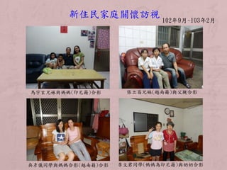 102年9月~103年2月
新住民家庭關懷訪視
馬宇玄兄妹與媽媽(印尼籍)合影 張立昌兄妹(越南籍)與父親合影
吳彥儀同學與媽媽合影(越南籍)合影 李文君同學(媽媽為印尼籍)與奶奶合影
 