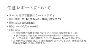 任意レポートについて
• テーマ: 産学官連携のケーススタディ
• 提出期間: 2014/1/8 14:40 – 2014/1/15 23:59
• 提出方法: DotCampus
• 配点: max 30点 – min 0点
• 回答方法
• (1) 産学連携の具体事例についてひとつまたは複数を取り上げ,
• (a) 企業 (b) 大学 (c) 政府, 公的機関 がそれぞれ果たした役割を明示する.

• (2) (1) で示した三者の関係性について, Box And Arrow で明示する.
• (3) 事例の成功要因 (もしくは失敗要因) についてまとめ, なぜ産学連携
が成功(失敗)したのか考察する.

 