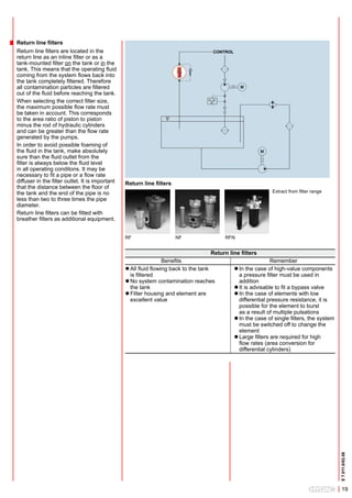 Return line filters
Return line filters are located in the                                              CONTROL
return line as an inline filter or as a
tank-mounted filter on the tank or in the
tank. This means that the operating fluid
coming from the system flows back into
the tank completely filtered. Therefore
all contamination particles are filtered
out of the fluid before reaching the tank.
When selecting the correct filter size,
the maximum possible flow rate must
be taken in account. This corresponds
to the area ratio of piston to piston
minus the rod of hydraulic cylinders
and can be greater than the flow rate
generated by the pumps.
In order to avoid possible foaming of
the fluid in the tank, make absolutely
sure than the fluid outlet from the
filter is always below the fluid level
in all operating conditons. It may be
necessary to fit a pipe or a flow rate
diffuser in the filter outlet. It is important   Return line filters
that the distance between the floor of
the tank and the end of the pipe is no                                                                        Extract from filter range
less than two to three times the pipe
diameter.
Return line filters can be fitted with
breather filters as additional equipment.


                                                 RF                    NF                RFN


                                                                                   Return line filters
                                                                  Benefits                                    Remember
                                                 l All fluid flowing back to the tank         l In the case of high-value components
                                                   is filtered 	                                a pressure filter must be used in
                                                 l No system contamination reaches              addition
                                                   the tank	                                  l It is advisable to fit a bypass valve
                                                 l Filter housing and element are             l In the case of elements with low
                                                   excellent value                              differential pressure resistance, it is
                                                                                                possible for the element to burst
                                                                                                as a result of multiple pulsations
                                                                                              l In the case of single filters, the system
                                                                                                must be switched off to change the
                                                                                                element
                                                                                              l Large filters are required for high
                                                                                                flow rates (area conversion for
                                                                                                differential cylinders)
                                                                                                                                            E 7.011.0/02.08




                                                                                                                                               19
 