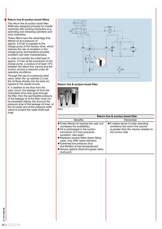Return line & suction boost filters
                  The return line & suction boost filter
                  RKM was designed primarily for mobile
                  machines with working hydraulics (e.g.
                  extending and retracting cylinders) and
                  drive hydraulics.
                  These filters have the advantage that
                  filtered oil at a pressure of
                  approx. 0.5 bar is supplied to the
                  charge pump of the traction drive, which
                  reduces the risk of cavitation in the
                  charge pump and therefore provides
                  excellent cold start characteristics.
                  In order to maintain the initial load of
                  approx. 0.5 bar at the connection to the
                  charge pump, a surplus of at least 10%
                  between the return line volume and the
                  suction volume is required under all
                  operating conditions.
                  Through the use of a pressure relief
                  valve, when the ∆p reaches 2.5 bar,
                  the oil flows directly into the tank (no
                  bypass to the closed circuit).               Return line & suction boost filter
                  If, in addition to the flow from the
                  open circuit, the leakage oil from the
                  hydrostatic drive also goes through
                  the filter, then the permissible pressure
                  of the leakage oil at the filter must not
                  be exceeded (taking into account the
                  pressure drop of the leakage oil lines, of
                  the oil cooler and of the pressure relief
                  valve) to protect the radial shaft seal      RKM
                  rings.
                                                                                                     Return line & suction boost filter
                                                                                 Benefits                                    Remember
                                                               l Finely filtered oil reaches the user unit    l It makes sense if under operating
                                                                 (increases the availability)                   conditions the return line volume
                                                               l Oil is precharged in the suction               is greater than the volume needed on
                                                                 connection (0.5 bar) (prevents                 the suction side
                                                                 cavitation, less wear)
                                                               l Replaces several filters (lower fitting
                                                                 costs, only ONE spare element)
                                                               l Extremely low pressure drop
                                                                 (full filtration at low temperatures)
                                                               l Various options (thermal bypass valve,
                                                                 multi port)
E 7.011.0/02.08




20
 