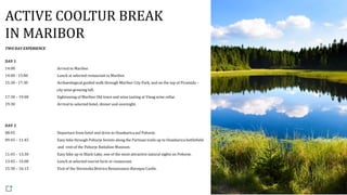 ACTIVE COOLTUR BREAK
IN MARIBOR
TWO DAY EXPERIENCE
DAY 1
14:00 Arrival to Maribor.
14:00 - 15:00 Lunch at selected restaurant in Maribor.
15:30 - 17:30 Archaeological guided walk through Maribor City Park, and on the top of Piramida –
city wine growing hill.
17:30 – 19:00 Sightseeing of Maribor Old town and wine tasting at Vinag wine cellar.
19:30 Arrival to selected hotel, dinner and overnight.
DAY 2
08:45 Departure from hotel and drive to Osankarica auf Pohorje.
09:45 – 11:45 Easy hike through Pohorje forests along the Partisan trails up to Osankarica battlefield
and visit of the Pohorje Battalion Museum.
11:45 – 13:30 Easy hike up to Black Lake, one of the most attractive natural sights on Pohorje.
13:45 – 15:00 Lunch at selected tourist farm or restaurant.
15:30 – 16:15 Visit of the Slovenska Bistrica Renaissance-Baroque Castle.
 