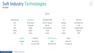 OS
Windows
Linux
Mac OS
iOS
Android
Other
XML, XSLT
STL, Boost, Qt
8
www.soft-industry.com info@soft-industry.com
Our skills
Networking
IPv4
TCP
UDP
TLS/SSL
HTTP
System
Pthreads
IPC
Compilers/IDE
MS C/C++ Compiler
GNU GCC
MS VisualStudio
XCode
Eclipse
Web Services
SOAP
XML-RPC, REST
Databases
MS SQL Server
PostgreSQL
MySQL
SQLite
Vertica
Libraries
Win API, MFC
ATL, WTL, PJSIP
C++
Security
SSO, OAuth, PKI,
X.509
CryptoAPI (CAPI)
OpenSSL
ZRTP
Soft Industry Technologies
 