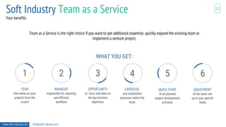 11
Your benefits
www.soft-industry.com info@soft-industry.com
TEAM
that works on your
projects from the
scratch
MANAGER
responsible for reporting
and efficient
workflow
OPPORTUNITY
to focus and work on
the key business
objectives
EXPERTISE
and established
processes within the
team
ADJUSTMENT
of the team size
up to your specific
needs
QUICK START
of all planned
project development
activities
1 2 3 4 5 6
Team as a Service is the right choice if you want to get additional expertise, quickly expand the existing team or
implement a venture project.
WHAT YOU GET:
Soft Industry Team as a Service
 