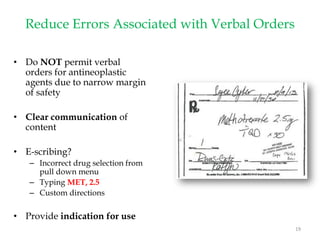 Reduce Errors Associated with Verbal Orders
• Do NOT permit verbal
orders for antineoplastic
agents due to narrow margin
of safety
• Clear communication of
content
• E-scribing?
– Incorrect drug selection from
pull down menu
– Typing MET, 2.5
– Custom directions
• Provide indication for use
19
 