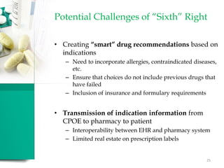 Potential Challenges of “Sixth” Right
• Creating “smart” drug recommendations based on
indications
– Need to incorporate allergies, contraindicated diseases,
etc.
– Ensure that choices do not include previous drugs that
have failed
– Inclusion of insurance and formulary requirements
• Transmission of indication information from
CPOE to pharmacy to patient
– Interoperability between EHR and pharmacy system
– Limited real estate on prescription labels
25
 