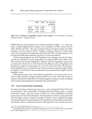 132 Home page ﬁnding using query-independent web evidence
DPR APR No. of pages
(millions)
ANU 0.836 0.448 0.40
WT10g 0.71 0.555 1.69
VLC2 0.666 0.164 18.57
Table 7.15: Correlation of PageRank variants with in-degree. The correlation was tested
using the Pearson r signiﬁcance test.
DMOZ directory and in-degrees were extracted using the Google link: query op-
erator. Google PageRank and in-degree were correlated (r=0.358), as they were for
ANU, WT10g and VLC2. Also, the correlation between Google in-degree and ANU
in-degree was very strong (r=0.933). Google’s in-degrees, based on a much larger
crawl, were only three times larger than those from the ANU crawl (during link count
extraction the difﬁculties outlined in Section 5.1.3 were encountered).
While Google PageRank and ANU PageRank were correlated over the 201 obser-
vations, the correlation was less strong than for in-degree (DPR r=0.26, APR r=0.31).
This indicates that Google PageRank is different from the PageRanks studied here
(as observed in Section 5.1.1). Note that only ﬁve different values of PageRank were
reported by Google for the 201 pages (11, 16, 22, 27 and 32 out of 40). The directory-
based PageRanks are on a different scale to those extracted using the Google Toolbar
in Chapter 5, and both have been transformed and quantised from Google’s internal
PageRank values.
Although this study may not be directly applicable to very large crawls, its re-
sults are quite stable for a range of smaller multi-server crawls. The range of sizes of
corpora examined here (400 000 to 18.5 million pages) are typical of many enterprise
webs and thus interesting both scientiﬁcally and commercially.11
7.6.4 Use of external link information
To explore the effects of increasing corpus size, a series of hybrid WT10g/VLC2 runs
was performed. This is potentially revealing because the WT10g corpus is a subset
of the VLC2 corpus. The runs, shown in Table 7.16, used combinations of WT10g
corpus data and VLC2 link information. The hypothesis was that by using link tables
from the larger corpus it would be possible to obtain a more complete link graph
and thereby improve the performance of the hyperlink recommendation and anchor-
text measures (due to a potential increase in the hyperlink votes, and the amount of
anks. The Google DMOZ Directory is available at http://directory.google.com
11
The rated capacities of the two Google search appliances are in fact very similar to these sizes (150 000
and 15 million pages), see http://www.google.com/appliance/products.html.
 
