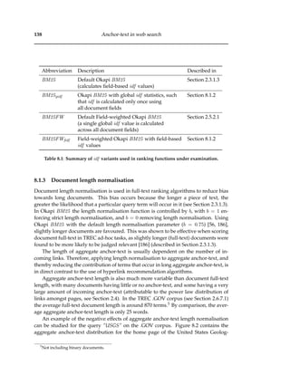 138 Anchor-text in web search
Abbreviation Description Described in
BM25 Default Okapi BM25 Section 2.3.1.3
(calculates ﬁeld-based idf values)
BM25gidf Okapi BM25 with global idf statistics, such Section 8.1.2
that idf is calculated only once using
all document ﬁelds
BM25FW Default Field-weighted Okapi BM25 Section 2.5.2.1
(a single global idf value is calculated
across all document ﬁelds)
BM25FWﬁdf Field-weighted Okapi BM25 with ﬁeld-based Section 8.1.2
idf values
Table 8.1: Summary of idf variants used in ranking functions under examination.
8.1.3 Document length normalisation
Document length normalisation is used in full-text ranking algorithms to reduce bias
towards long documents. This bias occurs because the longer a piece of text, the
greater the likelihood that a particular query term will occur in it (see Section 2.3.1.3).
In Okapi BM25 the length normalisation function is controlled by b, with b = 1 en-
forcing strict length normalisation, and b = 0 removing length normalisation. Using
Okapi BM25 with the default length normalisation parameter (b = 0.75) [56, 186],
slightly longer documents are favoured. This was shown to be effective when scoring
document full-text in TREC ad-hoc tasks, as slightly longer (full-text) documents were
found to be more likely to be judged relevant [186] (described in Section 2.3.1.3).
The length of aggregate anchor-text is usually dependent on the number of in-
coming links. Therefore, applying length normalisation to aggregate anchor-text, and
thereby reducing the contribution of terms that occur in long aggregate anchor-text, is
in direct contrast to the use of hyperlink recommendation algorithms.
Aggregate anchor-text length is also much more variable than document full-text
length, with many documents having little or no anchor-text, and some having a very
large amount of incoming anchor-text (attributable to the power law distribution of
links amongst pages, see Section 2.4). In the TREC .GOV corpus (see Section 2.6.7.1)
the average full-text document length is around 870 terms.5 By comparison, the aver-
age aggregate anchor-text length is only 25 words.
An example of the negative effects of aggregate anchor-text length normalisation
can be studied for the query “USGS” on the .GOV corpus. Figure 8.2 contains the
aggregate anchor-text distribution for the home page of the United States Geolog-
5
Not including binary documents.
 