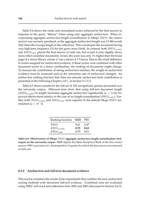 146 Anchor-text in web search
Table 8.4 shows the ranks and normalised scores achieved by the best answer in
response to the query “library” when using only aggregate anchor-text. When in-
corporating aggregate anchor-text length normalisation in Okapi BM25, the correct
answer was severely penalised, as the aggregate anchor-text length was 13 484 words
(262 times the average length in the collection). This was despite the document having
very high term frequency (tf ) for the query term (1664). In contrast, both BM25contdln
and BM25nodln placed the best answer at rank one, but scored it only slightly above
many other candidate documents. In fact, the score was only 1% higher than the home
page of a minor library whose tf was a factor of 7.5 lower. Due to the small difference
in scores assigned for anchor-text evidence, if these scores were combined with other
document scores in a linear combination, the ranking of documents might change.
To increase the contribution of strong anchor-text matches, the weight of anchor-text
evidence must be increased and/or the saturation rate of anchor-text changed. An
anchor-text ranking function that does not saturate anchor-text term contribution is
presented in the following Chapter (AF1, in Section 9.1.3.1).
Table 8.5 shows results for the full set of 332 navigational queries processed over
the university corpus. Wilcoxon tests show that using full-text document length
(BM25contdln) to length normalise aggregate anchor-text signiﬁcantly (p < 0.02) im-
proved effectiveness relative to the case of no length normalisation (BM25nodln). Fur-
ther, both BM25contdln and BM25nodln were superior to the default Okapi BM25 for-
mulation (p < 10−5).
Ranking function MRR P@1
BM25 0.61 0.47
BM25contdln 0.72 0.63
BM25nodln 0.70 0.61
Table 8.5: Effectiveness of Okapi BM25 aggregate anchor-text length normalisation tech-
niques on the university corpus. MRR depicts the Mean Reciprocal Rank of the ﬁrst correct
answer; P@1 is precision at 1, the proportion of queries for which the best answer was returned
at rank one.
8.3.2 Anchor-text and full-text document evidence
This section examines the results from experiments that combine the new anchor-text
scoring methods with document full-text evidence. Combined runs are evaluated
using TREC web track test collections from 2002 and 2003 (discussed in Section 2.6.7).
 