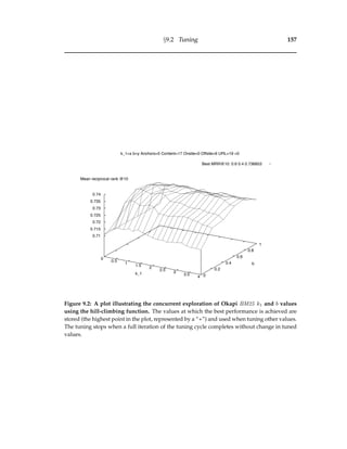 §9.2 Tuning 157
k_1=x b=y Anchors=5 Content=17 Onsite=0 Offsite=6 URL=19 =0
Best MRR@10: 0.6 0.4 0.736853
0
0.5
1
1.5
2
2.5
3
3.5
4
k_1 0
0.2
0.4
0.6
0.8
1
b
0.71
0.715
0.72
0.725
0.73
0.735
0.74
Mean reciprocal rank @10
Figure 9.2: A plot illustrating the concurrent exploration of Okapi BM25 k1 and b values
using the hill-climbing function. The values at which the best performance is achieved are
stored (the highest point in the plot, represented by a “+”) and used when tuning other values.
The tuning stops when a full iteration of the tuning cycle completes without change in tuned
values.
 