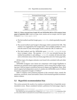 §5.2 Hyperlink recommendation bias 81
Extracted from Google
link: contains Page- AllTheWeb
in-degree ‘in-degree’ Rank in-degree
Min 0 0 0 0
Max 857 000 1 250 000 10 14 324 793
Mean 958 1910 5.3 17 889
Median 82 112 5 319
Apple 87 500 237 000 10 2 985 141
Table 5.1: Values extracted from Google [93] and AllTheWeb [80] for 5370 company home
pages in September 2003. Listed are range, mean, median and an example value (for Apple
Computer http://www.apple.com/).
• The ﬁrst method used the Google query link:URL, which reportedly has prob-
lem 1.
• The second method used Google to ﬁnd pages which contained the URL. This
solution was suggested by the Google Team,5 but it exhibits problems 1 and 2,
and also seems to only return pages which contain the URL in visible text.
• The third method used the AllTheWeb query link:URL -site:URL to re-
trieve in-degree values. The operator -site:URL was included because the
method has problem 2, and adding a -site:URL excludes all intra-site links,
and so eliminates many of the non-home page links and a few home page links.
All three types of in-degree estimates were found to be correlated with each other
(Pearson r > 0.7).
AllTheWeb in-degrees were chosen for comparison with Google PageRanks to
eliminate any potential search engine preference, and to ensure that in-degree sourc-
ing issue 3 did not impact correlations between in-degree and PageRank values. Both
search engines had independent crawls of a similar size (AllTheWeb crawls 3.1 billion
document, compared to Google’s 3.3 billion.6
Table 5.1 displays some pertinent properties of the extracted values, namely the
minimum, maximum, mean and median values of all extracted hyperlink recommen-
dation evidence.
5.2 Hyperlink recommendation bias
This section presents the results of an analysis of potential bias in hyperlink recom-
mendation scores. Biases considered include a preference for home pages, large fa-
5
As discussed in: http://slashdot.org/comments.pl?sid=75934&cid=6779776
6
The collection size was estimated to be 3.3 billion on http://www.google.com at September 2003;
as of November 2004 it is estimated to be around 8 billion documents on http://www.google.com.
 