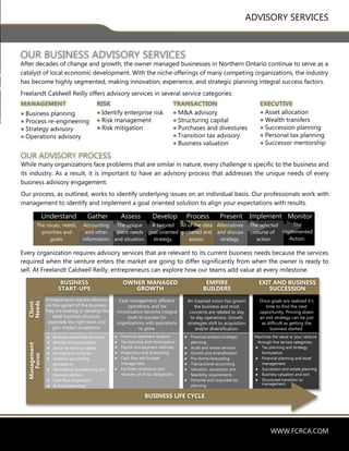 WWW.FCRCA.COM
ADVISORY SERVICES
After decades of change and growth, the owner managed businesses in Northern Ontario continue to serve as a
catalyst of local economic development. With the niche offerings of many competing organizations, the industry
has become highly segmented, making innovation, experience, and strategic planning integral success factors.
Freelandt Caldwell Reilly offers advisory services in several service categories:
OUR ADVISORY PROCESS
While many organizations face problems that are similar in nature, every challenge is specific to the business and
its industry. As a result, it is important to have an advisory process that addresses the unique needs of every
business advisory engagement.
Our process, as outlined, works to identify underlying issues on an individual basis. Our professionals work with
management to identify and implement a goal oriented solution to align your expectations with results.
Every organization requires advisory services that are relevant to its current business needs because the services
required when the venture enters the market are going to differ significantly from when the owner is ready to
sell. At Freelandt Caldwell Reilly, entrepreneurs can explore how our teams add value at every milestone.
● Asset allocation
● Wealth transfers
● Succession planning
● Personal tax planning
● Successor mentorship
EXECUTIVE
● M&A advisory
● Structuring capital
● Purchases and divestures
● Transition tax advisory
● Business valuation
TRANSACTION
● Identify enterprise risk
● Risk management
●Risk mitigation
RISK
Understand Gather Assess Develop Process Present Implement
The issues, needs,
priorities and
goals.
Accounting
and other
information.
The unique
client needs
and situation.
A tailored
goal oriented
strategy.
All of the data
gathered and
assess.
Alternatives
and discuss
strategy.
The selected
course of
action.
Monitor
The
implemented
Action.
Maximize the value or your venture
through five service categories:
Entrepreneurs require advisory
on the upstart of the business.
They are looking to develop the
ideal business structure,
assemble the right team and
gain market acceptance.
An inspired vision has grown
the business and most
concerns are related to day
to day operations. Growth
strategies shift to acquisition
and/or diversification.
Cash management, efficient
operations, and tax
minimization become integral
tools to success for
organizations with aspirations
to grow.
● Business ownership structure
● Articles of incorporation
● Securing start-up capital
● Introduction to banks
● Establish accounting
procedures
● Operations, bookkeeping and
financial advisory
● Cash flow projections
● Business planning
● Financial statement analysis
● Tax planning and minimization
● Payroll and payment methods
● Projections and forecasting
● Cash flow and budget
management
● Facilitate remittance and
recovery of all tax obligations
● Financial analysis/strategic
planning
● Audit and review services
● Growth and diversification
● Pro-forma forecasting
● Transactional accounting
● Valuation, succession and
feasibility requirements
● Personal and corporate tax
planning
● Tax planning and strategy
formulation
● Financial planning and asset
management
● Succession and estate planning
● Business valuation and exit
● Structured transition to
management
Once goals are realized it’s
time to find the next
opportunity. Pinning down
an exit strategy can be just
as difficult as getting the
business started.
BUSINESS LIFE CYCLE
● Business planning
● Process re-engineering
● Strategy advisory
● Operations advisory
MANAGEMENT
OUR BUSINESS ADVISORY SERVICES
Client
Needs
Management
Focus
BUSINESS
START-UPS
EXIT AND BUSINESS
SUCCESSION
EMPIRE
BUILDERS
OWNER MANAGED
GROWTH
BUSINESS LIFE CYCLE
 