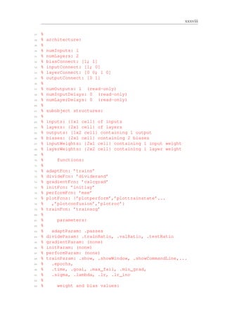xxxviii
47 %
48 % architecture:
49 %
50 % numInputs: 1
51 % numLayers: 2
52 % biasConnect: [1; 1]
53 % inputConnect: [1; 0]
54 % layerConnect: [0 0; 1 0]
55 % outputConnect: [0 1]
56 %
57 % numOutputs: 1 (read-only)
58 % numInputDelays: 0 (read-only)
59 % numLayerDelays: 0 (read-only)
60 %
61 % subobject structures:
62 %
63 % inputs: {1x1 cell} of inputs
64 % layers: {2x1 cell} of layers
65 % outputs: {1x2 cell} containing 1 output
66 % biases: {2x1 cell} containing 2 biases
67 % inputWeights: {2x1 cell} containing 1 input weight
68 % layerWeights: {2x2 cell} containing 1 layer weight
69 %
70 % functions:
71 %
72 % adaptFcn: ’trains’
73 % divideFcn: ’dividerand’
74 % gradientFcn: ’calcgrad’
75 % initFcn: ’initlay’
76 % performFcn: ’mse’
77 % plotFcns: {’plotperform’,’plottrainstate’...
78 % ,’plotconfusion’,’plotroc’}
79 % trainFcn: ’trainscg’
80 %
81 % parameters:
82 %
83 % adaptParam: .passes
84 % divideParam: .trainRatio, .valRatio, .testRatio
85 % gradientParam: (none)
86 % initParam: (none)
87 % performParam: (none)
88 % trainParam: .show, .showWindow, .showCommandLine,...
89 % .epochs,
90 % .time, .goal, .max_fail, .min_grad,
91 % .sigma, .lambda, .lr, .lr_inc
92 %
93 % weight and bias values:
 