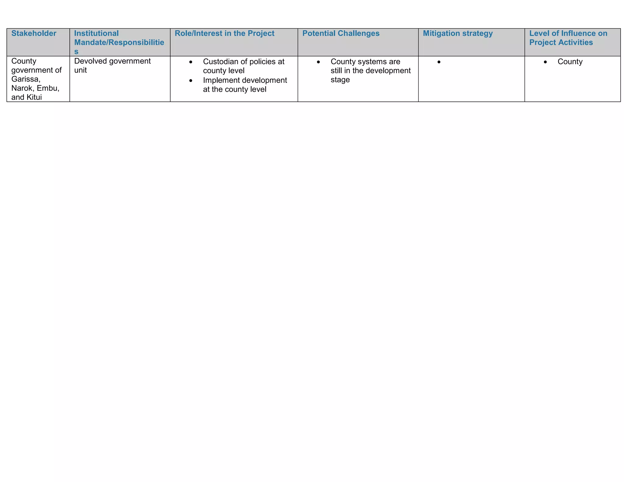 Stakeholder Institutional
Mandate/Responsibilitie
s
Role/Interest in the Project Potential Challenges Mitigation strategy Level of Influence on
Project Activities
County
government of
Garissa,
Narok, Embu,
and Kitui
Devolved government
unit
 Custodian of policies at
county level
 Implement development
at the county level
 County systems are
still in the development
stage
  County
 