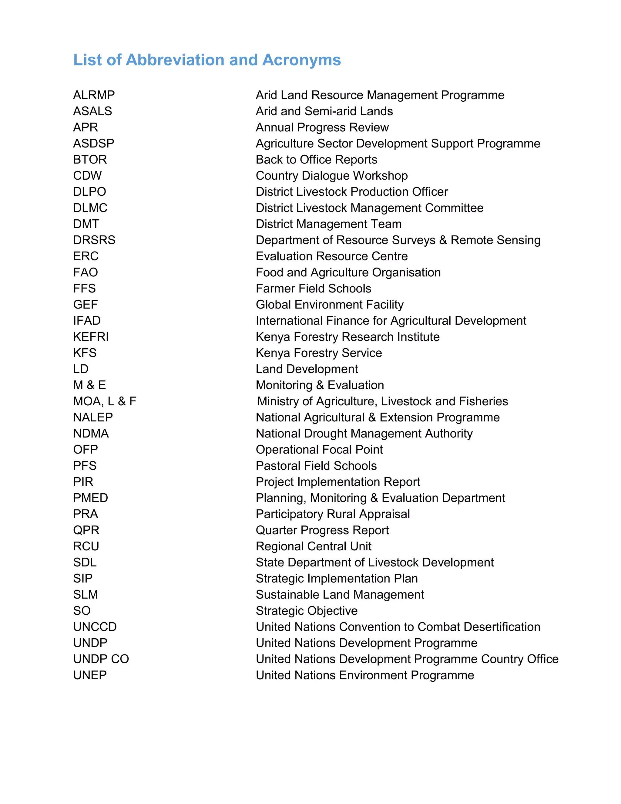 List of Abbreviation and Acronyms
ALRMP Arid Land Resource Management Programme
ASALS Arid and Semi-arid Lands
APR Annual Progress Review
ASDSP Agriculture Sector Development Support Programme
BTOR Back to Office Reports
CDW Country Dialogue Workshop
DLPO District Livestock Production Officer
DLMC District Livestock Management Committee
DMT District Management Team
DRSRS Department of Resource Surveys & Remote Sensing
ERC Evaluation Resource Centre
FAO Food and Agriculture Organisation
FFS Farmer Field Schools
GEF Global Environment Facility
IFAD International Finance for Agricultural Development
KEFRI Kenya Forestry Research Institute
KFS Kenya Forestry Service
LD Land Development
M & E Monitoring & Evaluation
MOA, L & F Ministry of Agriculture, Livestock and Fisheries
NALEP National Agricultural & Extension Programme
NDMA National Drought Management Authority
OFP Operational Focal Point
PFS Pastoral Field Schools
PIR Project Implementation Report
PMED Planning, Monitoring & Evaluation Department
PRA Participatory Rural Appraisal
QPR Quarter Progress Report
RCU Regional Central Unit
SDL State Department of Livestock Development
SIP Strategic Implementation Plan
SLM Sustainable Land Management
SO Strategic Objective
UNCCD United Nations Convention to Combat Desertification
UNDP United Nations Development Programme
UNDP CO United Nations Development Programme Country Office
UNEP United Nations Environment Programme
 