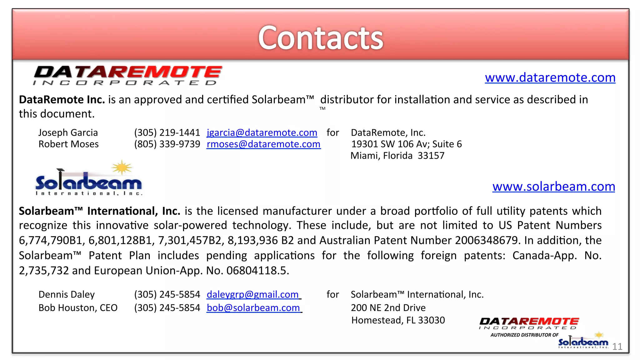 Joseph	
  Garcia 	
  (305)	
  219-­‐1441 	
  jgarcia@dataremote.com	
   	
  for	
   	
  DataRemote,	
  Inc.	
  
Robert	
  Moses 	
  (805)	
  339-­‐9739	
  	
  rmoses@dataremote.com	
   	
  	
  19301	
  SW	
  106	
  Av;	
  Suite	
  6	
  
	
  Miami,	
  Florida	
  	
  33157	
  	
  	
  
	
  
	
  
DataRemote	
  Inc.	
  is	
  an	
  approved	
  and	
  cer>ﬁed	
  Solarbeam™	
  	
  distributor	
  for	
  installa>on	
  and	
  service	
  as	
  described	
  in	
  
this	
  document.	
  	
  
TM	
  
11	
  
Solarbeam™	
  Interna6onal,	
  Inc.	
  is	
  the	
  licensed	
  manufacturer	
  under	
  a	
  broad	
  porqolio	
  of	
  full	
  u>lity	
  patents	
  which	
  
recognize	
   this	
   innova>ve	
   solar-­‐powered	
   technology.	
   These	
   include,	
   but	
   are	
   not	
   limited	
   to	
   US	
   Patent	
   Numbers	
  
6,774,790B1,	
  6,801,128B1,	
  7,301,457B2,	
  8,193,936	
  B2	
  and	
  Australian	
  Patent	
  Number	
  2006348679.	
  In	
  addi>on,	
  the	
  
Solarbeam™	
   Patent	
   Plan	
   includes	
   pending	
   applica>ons	
   for	
   the	
   following	
   foreign	
   patents:	
   Canada-­‐App.	
   No.	
  
2,735,732	
  and	
  European	
  Union-­‐App.	
  No.	
  06804118.5.	
  
	
  
Dennis	
  Daley	
   	
  (305)	
  245-­‐5854 	
  daleygrp@gmail.com	
   	
  for 	
  Solarbeam™	
  Interna>onal,	
  Inc.	
  
Bob	
  Houston,	
  CEO 	
  (305)	
  245-­‐5854 	
  bob@solarbeam.com	
   	
  200	
  NE	
  2nd	
  Drive 	
  	
  
	
   	
   	
   	
  	
  Homestead,	
  FL	
  33030	
  
	
  
www.dataremote.com	
  	
  
www.solarbeam.com	
  	
  
AUTHORIZED	
  DISTRIBUTOR	
  OF	
  
 