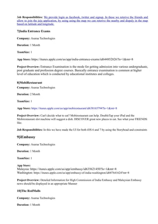 Job Responsibilities: We provide login as facebook, twitter and signup. In these we reterive the friends and
allow to join the jeju application, by using using the map we can reterive the nearby and dispaly in the map
based on latitude and longitude.
7]India Entrance Exams
Company: Asaraa Technologies
Duration: 1 Month
TeamSize: 1
App Store: https://itunes.apple.com/us/app/india-entrance-exams/id644852826?ls=1&mt=8
Project Overview: Entrance Examination is the mode for getting admission into various undergraduate,
post graduate and profession degree courses. Basically entrance examination is common at higher
level of education which is conducted by educational institutes and colleges.
8]MobiRestaurant
Company: Asaraa Technologies
Duration: 2 Month
TeamSize: 1
App Store: https://itunes.apple.com/us/app/mobirestaurant/id638165794?ls=1&mt=8
Project Overview: Can't decide what to eat? Mobirestaurant can help. DoubleTap your iPad and the
Mobirestaurant slot machine will suggest a dish. DISCOVER great new places to eat. See what your FRIENDS
like.
Job Responsibilities: In this we have made the UI for both iOS 6 and 7 by using the Storyboad and constraints
9]iEmbassy
Company: Asaraa Technologies
Duration: 1 Month
TeamSize: 1
App Store:
Malaysia: https://itunes.apple.com/us/app/iembassy/id635621450?ls=1&mt=8
Washington: https://itunes.apple.com/us/app/embassy-of-india-washington/id687641624?mt=8
Project Overview: Detailed Information for High Commission of India Embassy and Malaysian Embassy
news should be displayed in an appropriate Manner
10]The RedMalls
Company: Asaraa Technologies
Duration: 1 Month
 