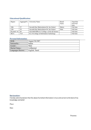 Educational Qualification:
Personal Information:
DOB : August 30,1987
Nationality : Indian
Gender : Male
Marital Status : UnMarried
Languages Known : English, Tamil
Declaration:
I hereby solemnly declare that the above-furnished information is true and correct to the best of my
knowledge and belief.
Place:
Date:
Prasanna
Degree Aggregate% University Name Board
Name
Type-Part
time/Full
time
10th 57 Seventh Day Matriculation Hr. Sec School Metric Full time
12th 59 Seventh Day Matriculation Hr. Sec School State Full time
B.com(C.A) 68 SLS.MAVMM.A.V College of Arts & Science Full time
MCA 74.5 K.L.N.College of Information Technology Full time
 