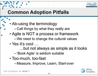 Common Adoption Pitfalls
• Ab-using the terminology
–Call things by what they really are
• Agile is NOT a process or framework
–We need to change the cultural values
T H E S C I E N C E O F R I S K S M
24
–We need to change the cultural values
• Yes it’s cool …
…but not always as simple as it looks
–‘Book Agile’ is seldom suitable
• Too-much, too-fast
–Measure, Improve, Learn, Start-over
 