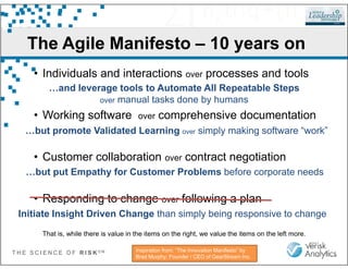 The Agile Manifesto – 10 years on
• Individuals and interactions over processes and tools
• Working software over comprehensive documentation
…and leverage tools to Automate All Repeatable Steps
over manual tasks done by humans
…but promote Validated Learning over simply making software “work”
T H E S C I E N C E O F R I S K S M
27
• Customer collaboration over contract negotiation
• Responding to change over following a plan
That is, while there is value in the items on the right, we value the items on the left more.
…but promote Validated Learning over simply making software “work”
…but put Empathy for Customer Problems before corporate needs
Initiate Insight Driven Change than simply being responsive to change
Inspiration from: “The Innovation Manifesto” by
Brad Murphy; Founder / CEO of GearStream Inc.
 