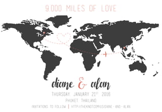 9,000 miles of love
diane & alanThursday, January 21st
, 2016
phuket, thailand
invitations to follow http://theknot.com/us/diane-and-alan
 