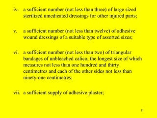 11
iv. a sufficient number (not less than three) of large sized
sterilized umedicated dressings for other injured parts;
v. a sufficient number (not less than twelve) of adhesive
wound dressings of a suitable type of assorted sizes;
vi. a sufficient number (not less than two) of triangular
bandages of unbleached calico, the longest size of which
measures not less than one hundred and thirty
centimetres and each of the other sides not less than
ninety-one centimetres;
vii. a sufficient supply of adhesive plaster;
 