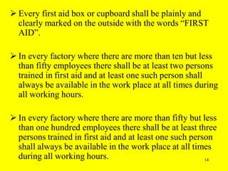 14
 Every first aid box or cupboard shall be plainly and
clearly marked on the outside with the words “FIRST
AID”.
 In every factory where there are more than ten but less
than fifty employees there shall be at least two persons
trained in first aid and at least one such person shall
always be available in the work place at all times during
all working hours.
 In every factory where there are more than fifty but less
than one hundred employees there shall be at least three
persons trained in first aid and at least one such person
shall always be available in the work place at all times
during all working hours.
 