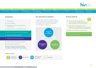 Acknowledgements References
4
Contents Our approach to Diabetes Projects 2014-15
Our team have used Joint Strategic Needs
Assessments to identify key areas of variation
and risk. We have developed and refined, in
consultation with a range of stakeholders,
our high level priorities below.
Supporting
better
self management
Adopting new
technologies
Enabling systems
for integration
of care
1	 Toolkit guide
2	 Type 2 diabetes
3	 Introduction to structured education
programmes
4	 What the person with diabetes thinks
5	 How to commission structured education
6	 Successful referral processes
7	 Providers of structured education
8	 Menu of Type 2 education providers
9	 Next steps and resources
!
Guide to symbols
Important
information 4 Next page
2 Downloads
“
What people
are saying
1	 Improving self-management of
insulin therapy by improving access to
and appropriate use of technologies.
2	 Improving the integration of care
pathways for management of unscheduled
care in hypoglycaemia and hyperglycaemia.
3	 Right Insulin, Right Time, Right Dose.
4	 Structured education and related support
for self-management.
!
Information sources (references/footnotes)
have been included on the base of each page.
You can view a complete list of references here.
1 2 3 4 5 6 7 8
Type 2 diabetes Introduction to
structured education
What the person
with diabetes thinks
Commissioning Referring Providers Menu of Type 2
education providers
Why a toolkit?
9
Next steps
and resources
 